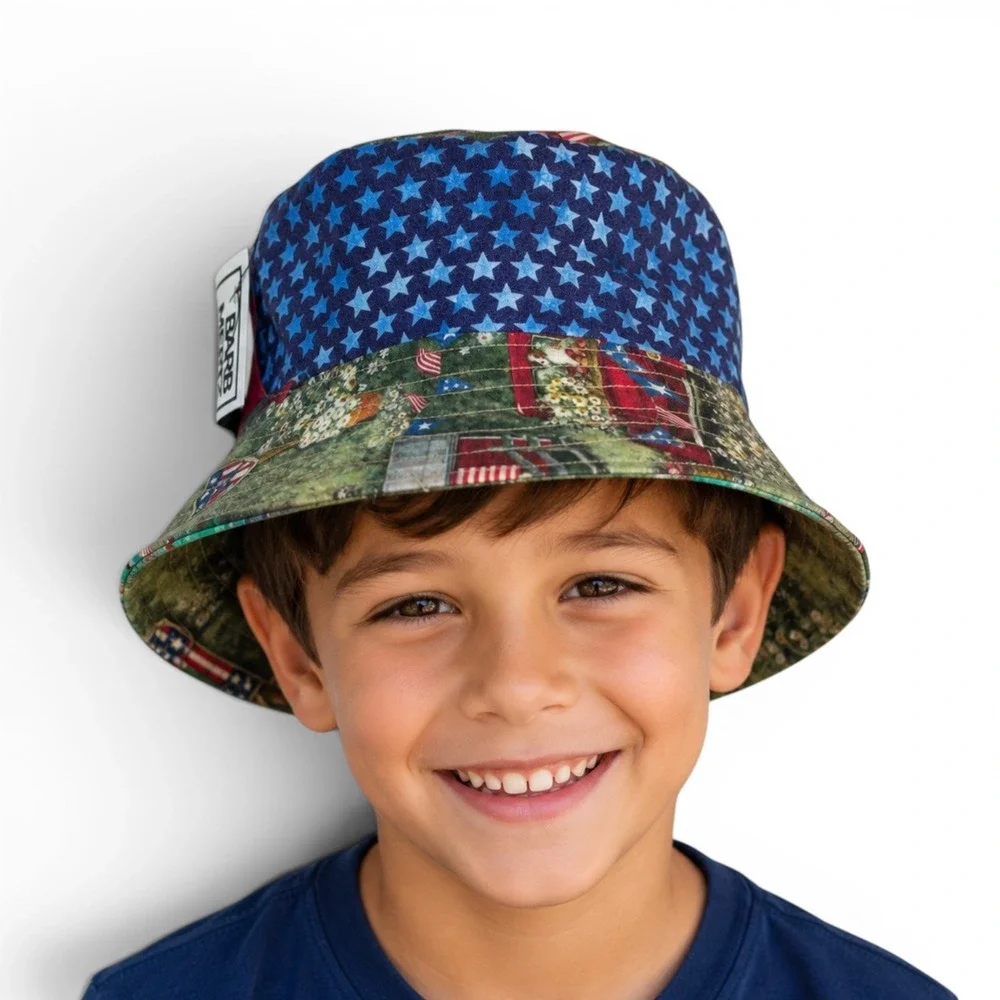 Handmade Kids Reversible Bucket Hat Americana Stars‎ Surfing Dogs Sun Hat 18in